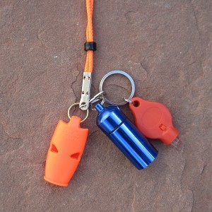 Support Your Broncos - survival lanyard with whistle, light, and watertight canister.